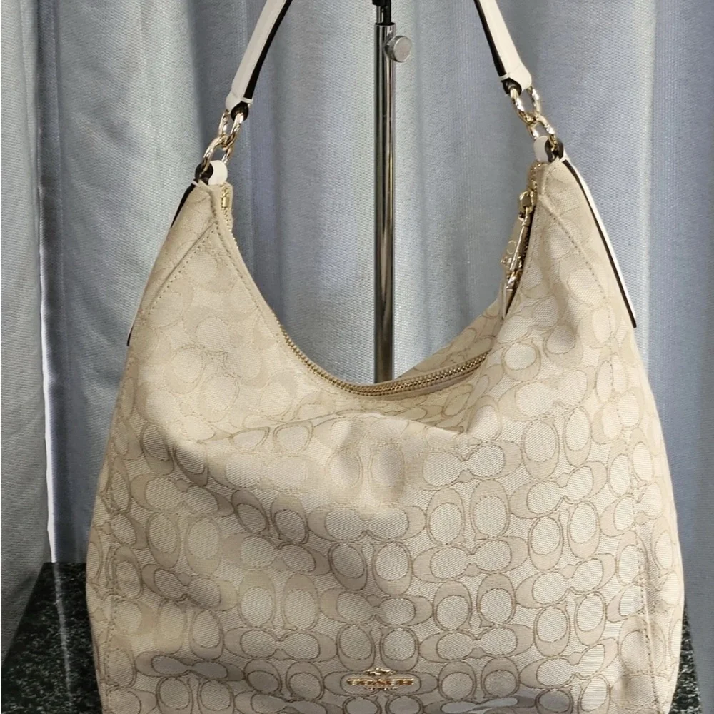 Coach Beige Signature Jacquard purse Hobo shoulder Bag